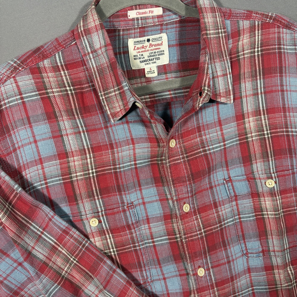 Lucky Brand Shirt Classic Fit Plaid Red Blue Long Sleeve Size Large Preppy